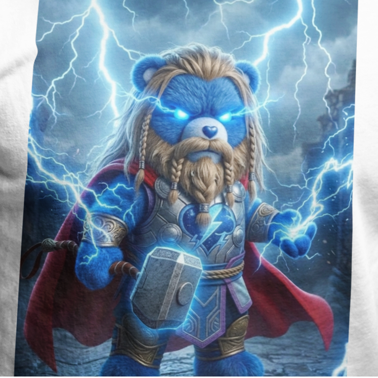 Man wearing a white t-shirt with a superhero design on a gray background