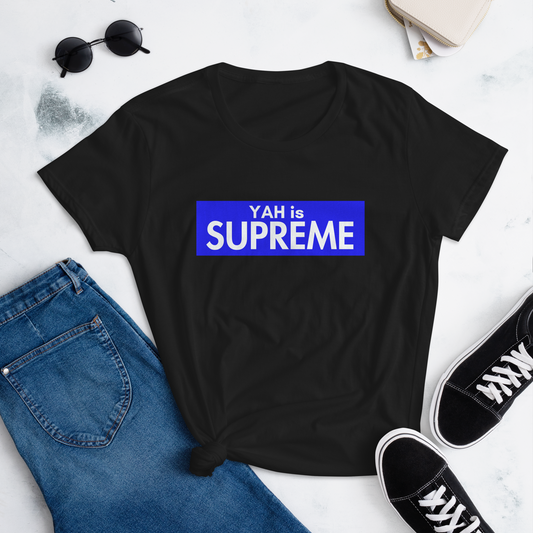 Blue/White Women's short sleeve YAH is Supreme t-shirt