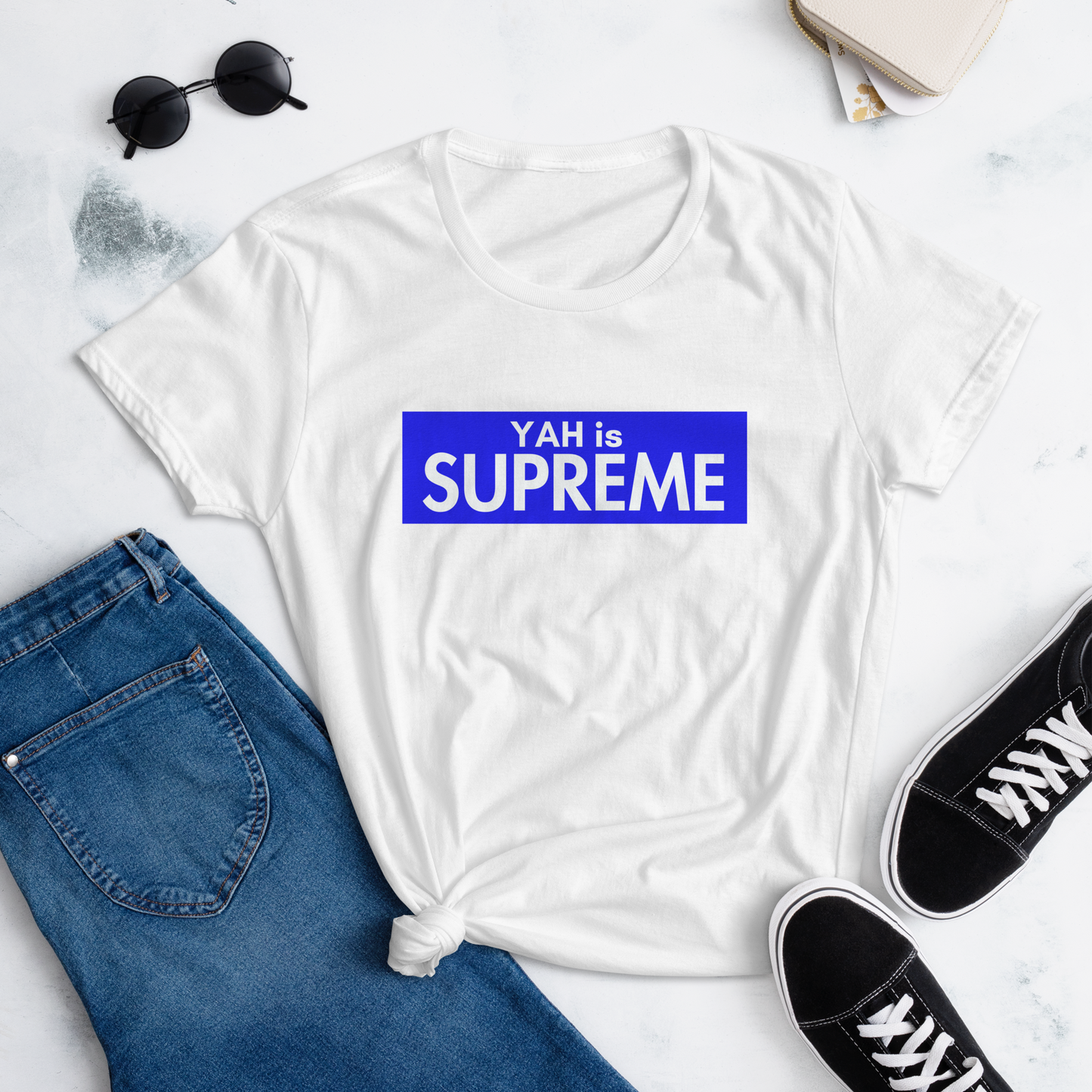 Blue/White Women's short sleeve YAH is Supreme t-shirt